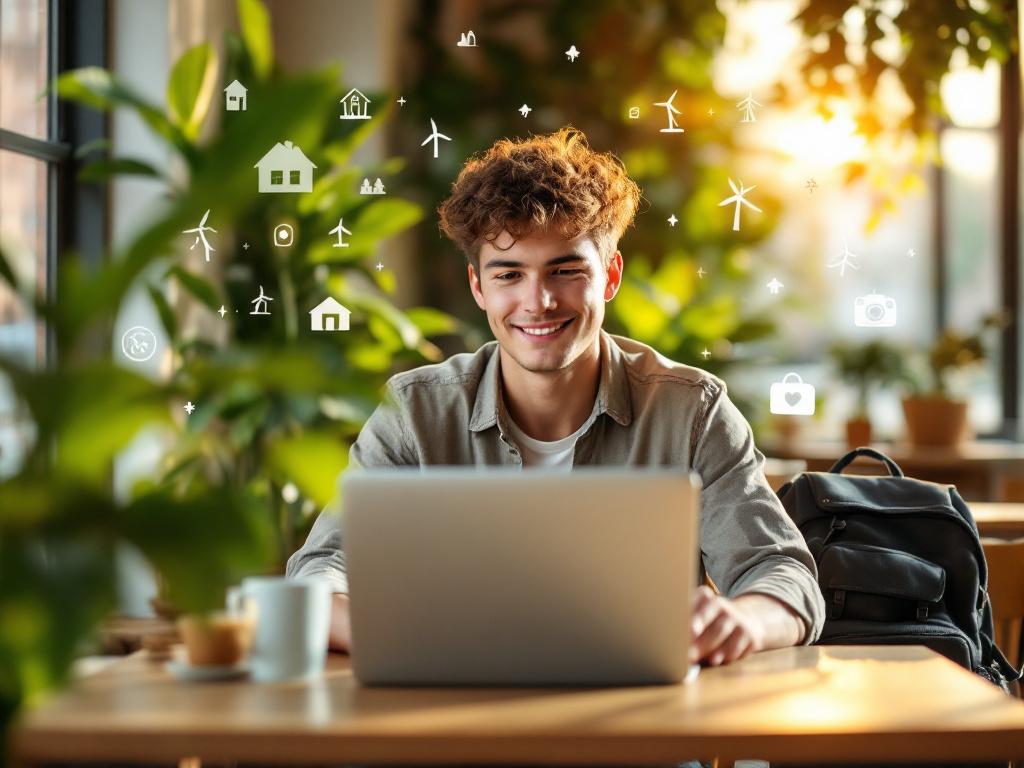 Νεαρός επαγγελματίας σε καφέ εργάζεται με laptop, περιτριγυρισμένος από φυτά και ψηφιακά σύμβολα που παραπέμπουν σε νέες καριέρες· εικόνα που αποτυπώνει την Εργασιακή Επανάσταση Gen Z και την ελευθερία του να δουλεύεις έξω από το παραδοσιακό γραφείο.